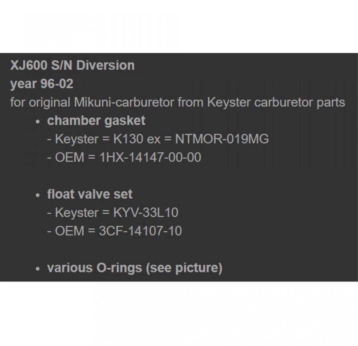 Kit réparation de carbu Keyster pour moto Yamaha 600 Diversion 1996 à 2002 Neuf