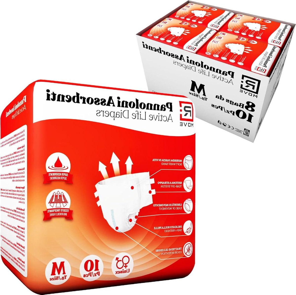 RMOVE 80 luiers voor senioren M, absorberende luiers voor volwassenen, 8 verpakkingen met 10 luiers voor ouderen, super absorberend (8 verpakkingen, M)