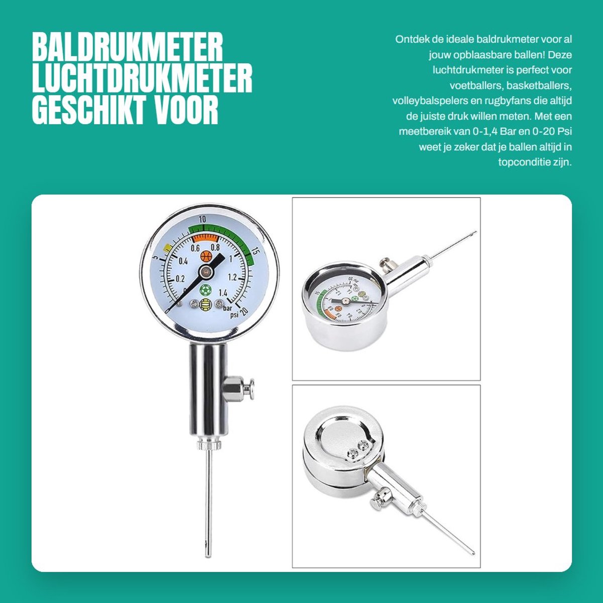 Dailygoods- Baldrukmeter 0-1,4 Bar - Luchtdrukmeter - Voetbal/Basketbal/Volleybal/Rugby - Opblaasbare Ballen - Precisie Meting