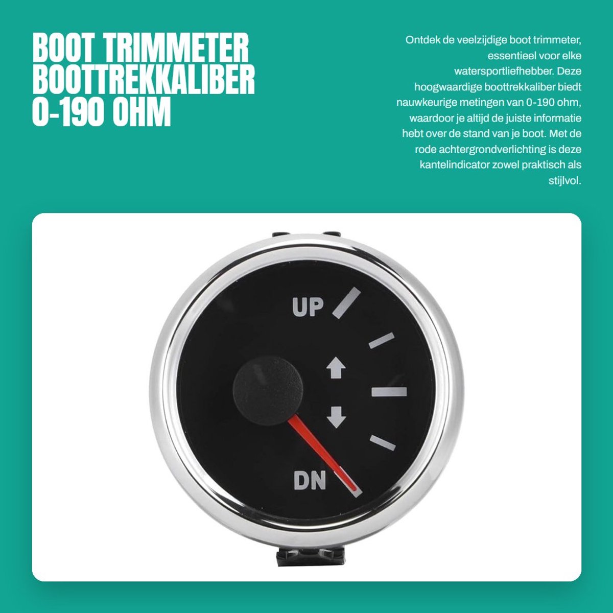 Dailygoods- Trimmeter 52 mm - Bootversnellingsmeter - Signaaltrim 0-190 ohm - IP67 Waterdicht - Zwarte Wijzerplaat/Zilveren Frame - Rode Achtergrondverlichting - Bootmeter