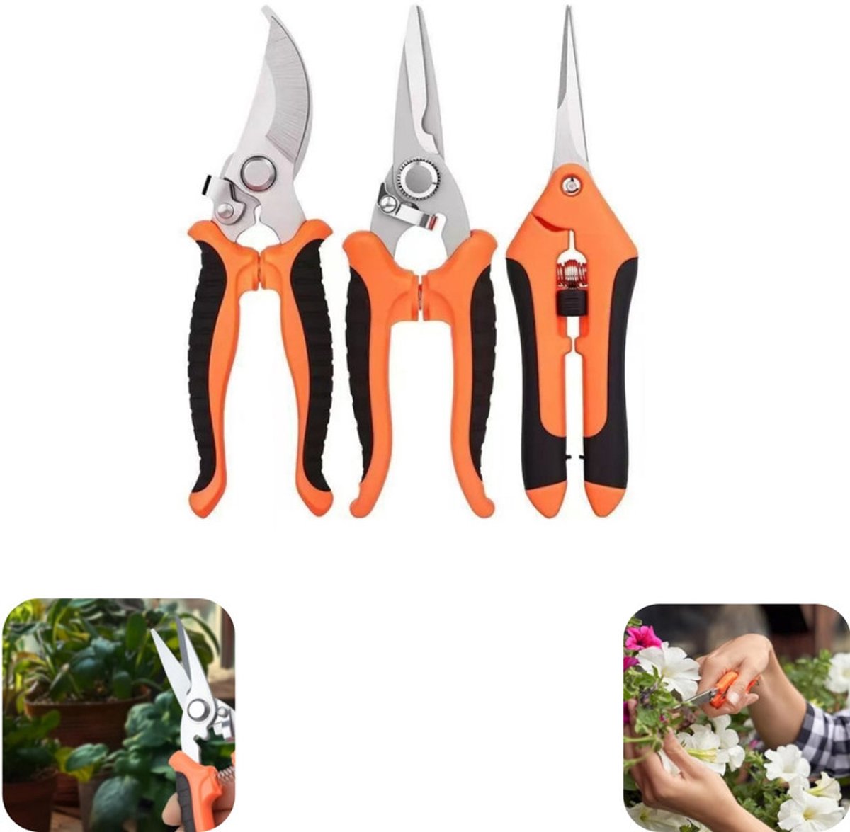 3 stuks schaar - tuinschaar - rozenknijper - wortelschaar - plantenschaar - metalen schaar - snoeischaar - tuinaccessoires - geschikt voor het snoeien van bloemen, planten, wortels (oranje, verschillende maten)