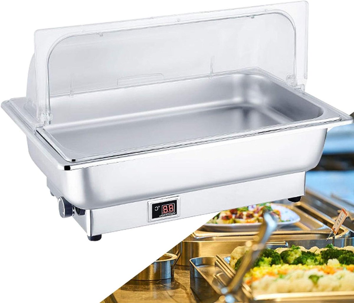 Voedselwarmer - Buffetwarmer Chafing Dish - Eten Warm Houden - Realtime Temperatuurweergave - 9L Inhoud - Zilverkleurig