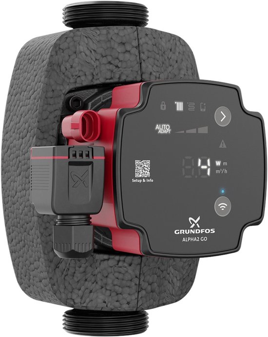 Zwarte en rode Grundfos ALPHA2 GO circulatiepomp met AUTO ADAPT display, 25-40 180mm, 21W.