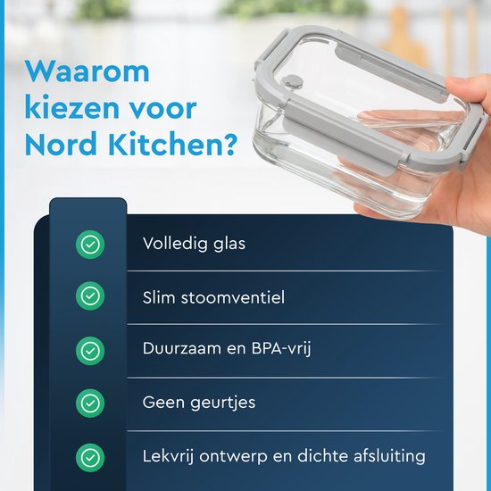 Nord Kitchen Ensemble de boîtes de conservation Set de 11 - avec Couvercle en verre avec vapeur - Boîtes Meal Prep - Boîtes congélation Entièrement en verre - Hermétique - 11 pièces - 320ML à 1520ML