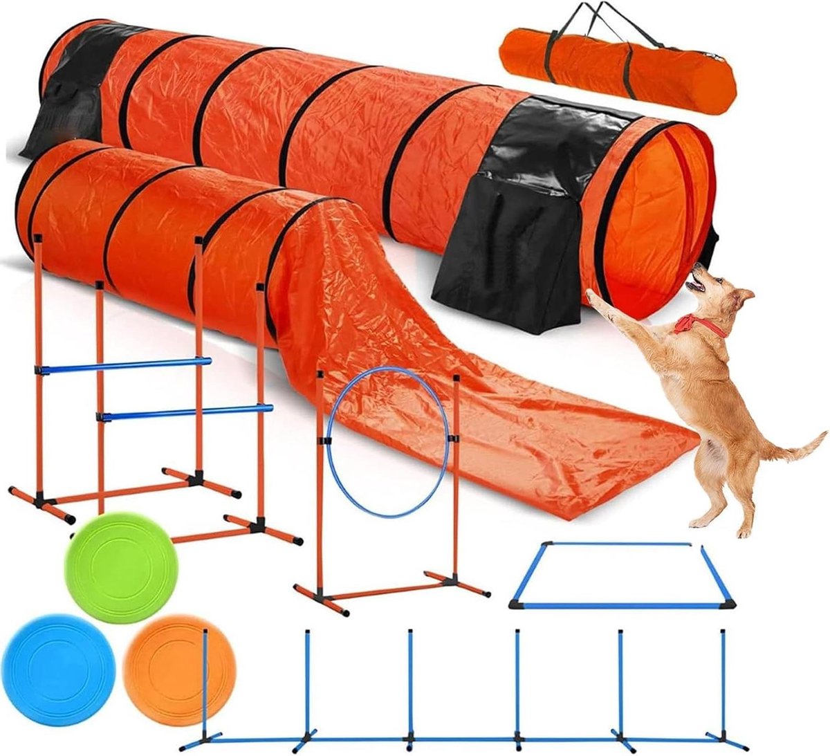 Honden Agility Set - Hondensport Hindernisbaan - Hondentraining - 7-delige Complete Set - Verstelbaar - Oranje en Blauw