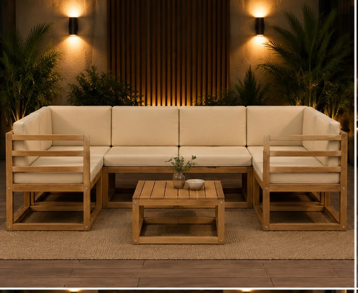 Loungeset Tuin 10-delig 59 x 59 x 37 cm – Modulaire Acaciahouten Tuinset met Crème Kussens, Weerbestendige Outdoor Loungeset voor Tuin, Terras, Balkon en Zwembad – Mobili Bella