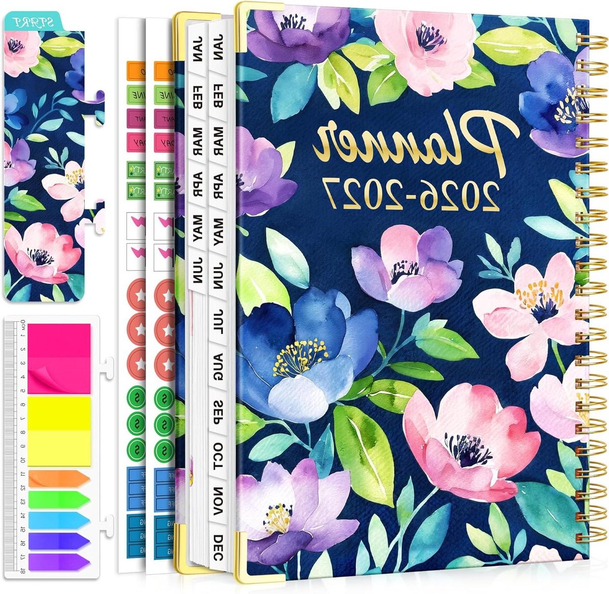 Agenda 2026-2027 - Maand en weekplanner - Activiteiten plannen - 18 maanden planner - 9 x 116 inch - Marine Bloemen