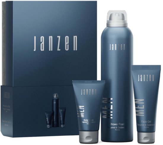 Janzen herencadeauset met een blauwe geschenkverpakking, een grote blauwe bus met douchefoam en twee tubes met gezichtsreiniger en bodywash.