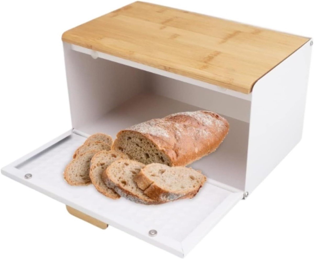 Broodtrommel Grote Capaciteit Broodbak Opslagcontainer Brood Vers Houden Bovenste Houten Deksel 35.5x21.5cm Wit