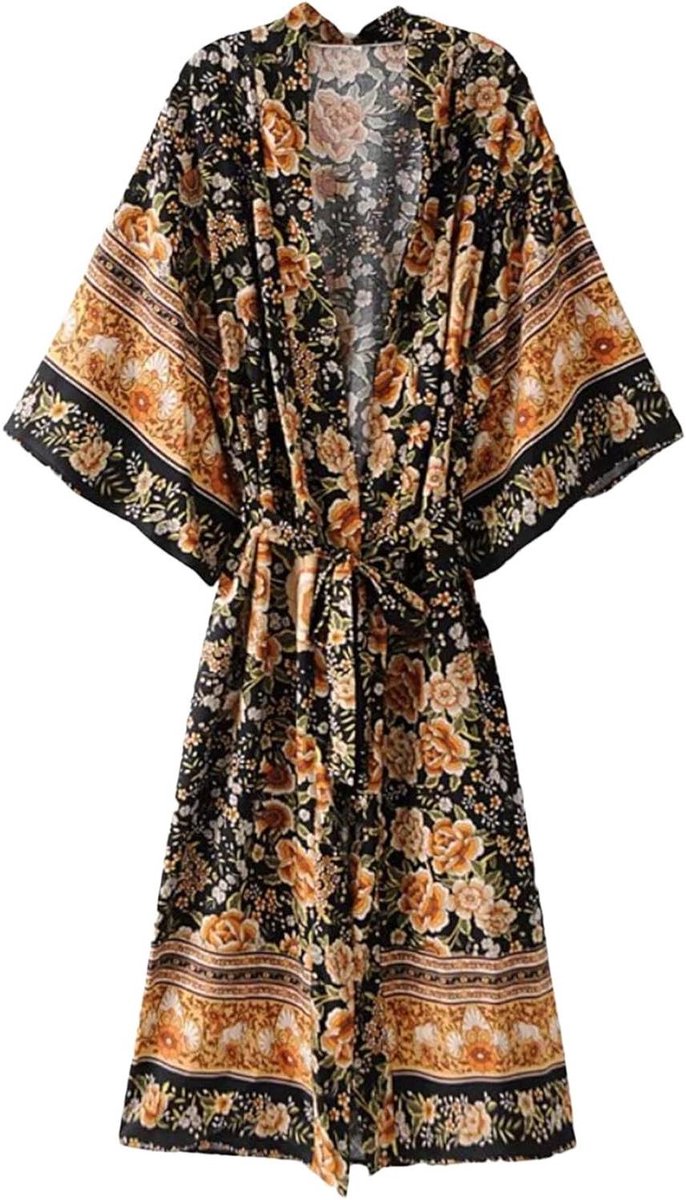 Dames Kimono - Bohemian Vest - Strand Kleding - Bloemenprint - One Size - Zwart