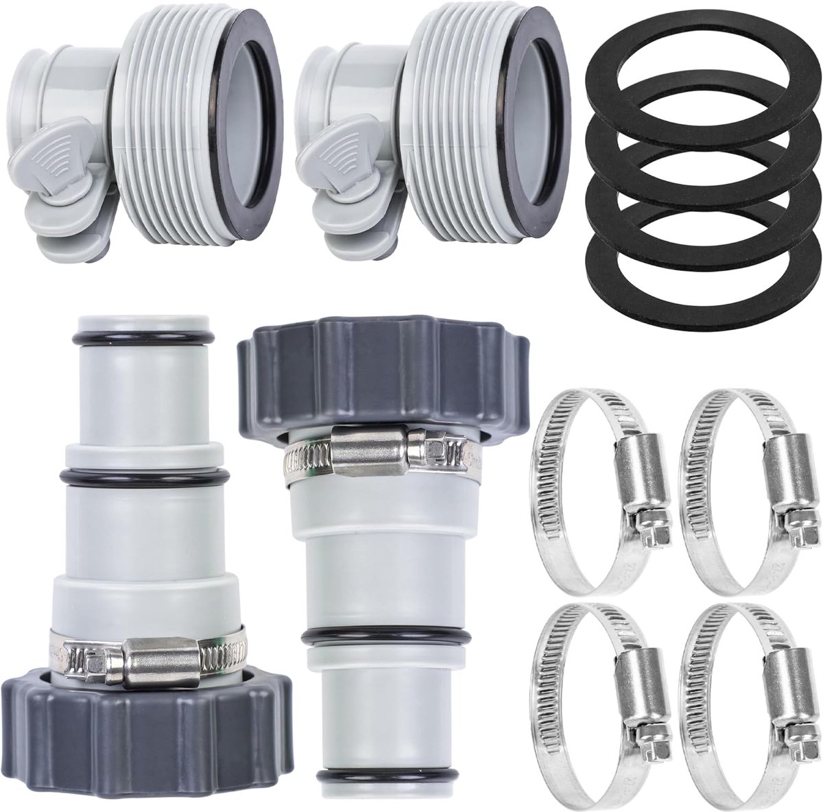 4 Stuks Poolslangadapter met Klem en Ring - 2 Types Conversieconnector - 1.5" naar 1.25" - Vervanging Geschikt voor Intex Schroefverbinding - Bovengronds Zwembadaccessoire