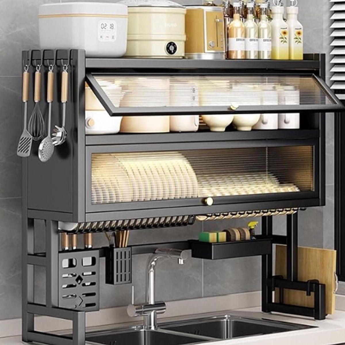 Afwasdroogrek - Groot 3-laags - Keuken organiseren - Stofdicht deksel - Boven gootsteen - Metaal