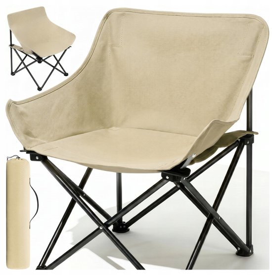 Lichtbeige inklapbare kuipstoel met zwart frame, inclusief draagtas.