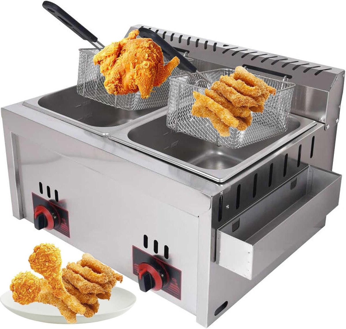 Gasfriteuse Dubbele Cilinder - Professionele Frituurpan - Commercieel Koken - Hoog Rendement Verwarming - 2x 10 Liter - Zilver