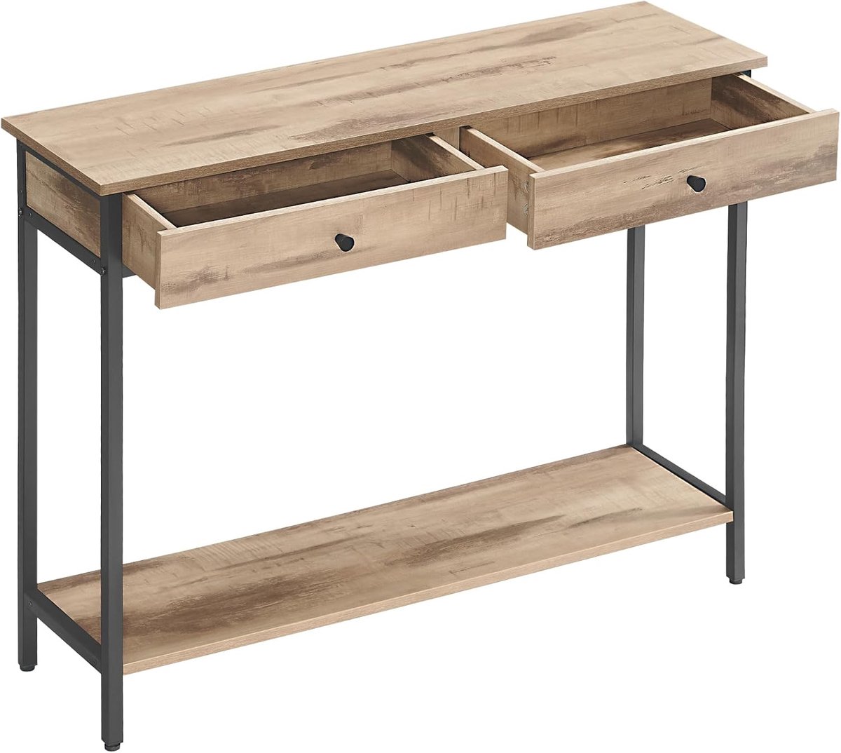HOMESY Consoletafel, ingangstafel, bankpunt, met 2 laden, stalen frame, voor entree, slaapkamer, woonkamer, industriële stijl, camelbruin en inktzwart