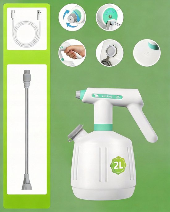 Elektrische Sproeier - Tuinsproeier - Drukspuit - Oplaadbare Sproeifles 2L - Verlengstang van 22 cm - Dubbele Sproeistanden & Verlengstuk - 1200mAh USB-C - Voor Tuin, Schoonmaak & Planten — afbeelding 3