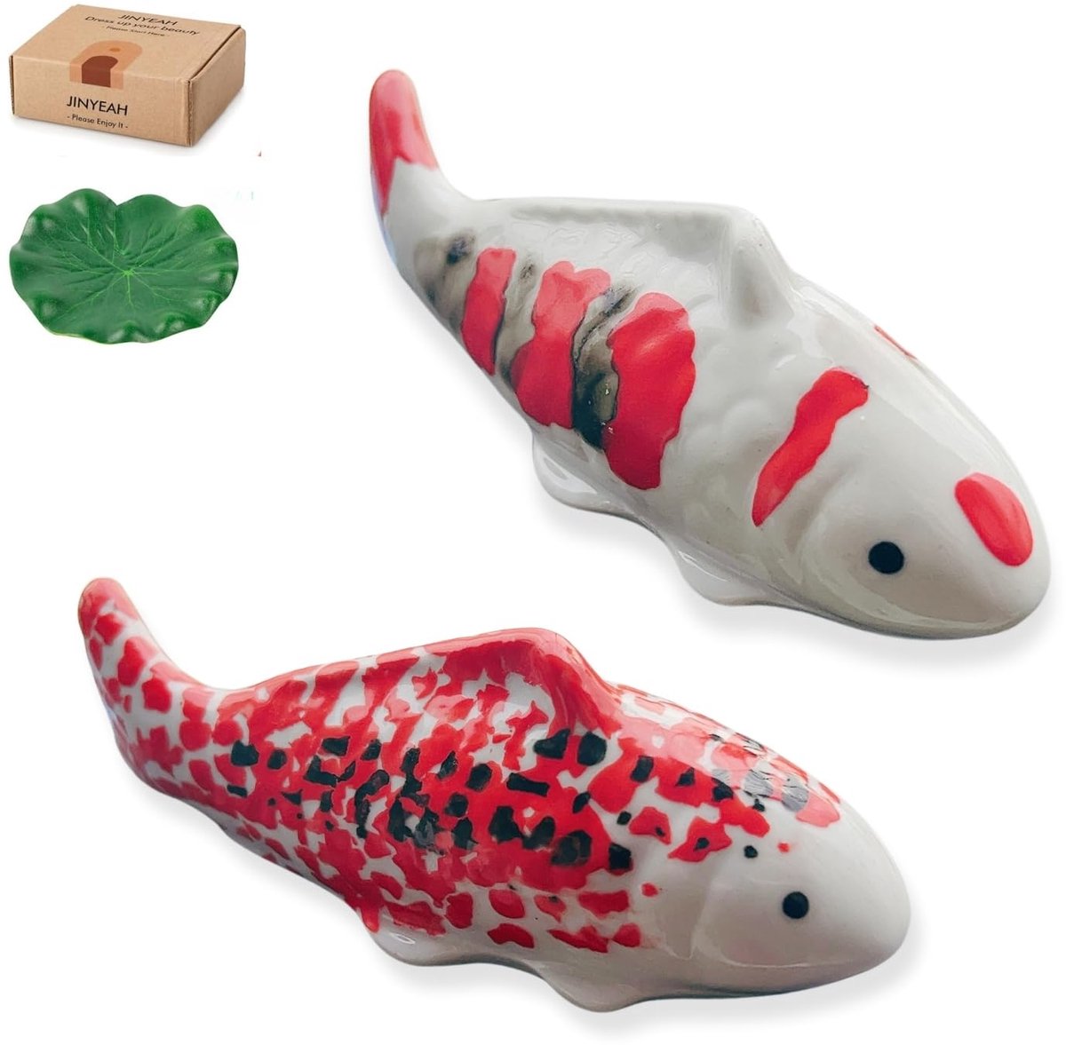 carmdering - Drijvende Koi Vis - Keramische Vis - Vijverdecoratie - Set van 2 vissen + 1 lotusblad, keramiek, 10×3×3,7 cm - Drijvend op water, weerbestendig - Voor vijver, fontein en aquarium - Cadeau voor geluk