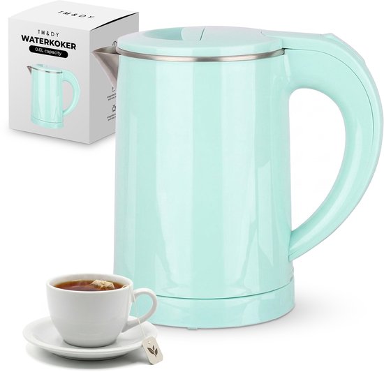TM&DY Waterkoker - 0,6 Liter – 600W – Reis Waterkoker - Dubbelwandige Isolatie – RVS Binnenwerk – Camping Waterkoker - Automatische Uitschakeling – Mintgroen