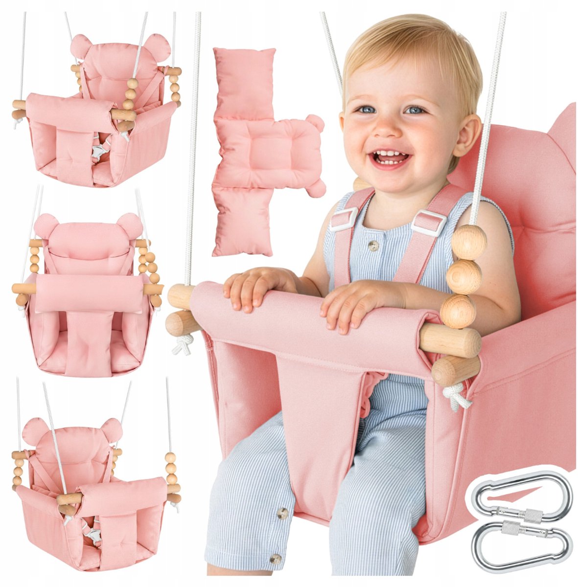 Playos® - Zachte Babyschommel - Roze - tot 60 kg - met 3-Puntsgordel - van 12 tot 36 maanden - voor Binnen en Buiten - Schommelstoel - Hangstoel - Babykamer - Kinderschommel