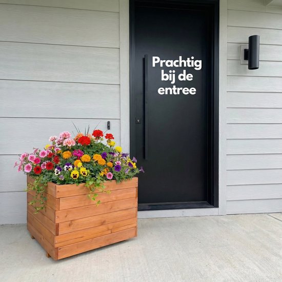 Houten plantenbak gevuld met kleurrijke bloemen, bij de entree van een huis.
