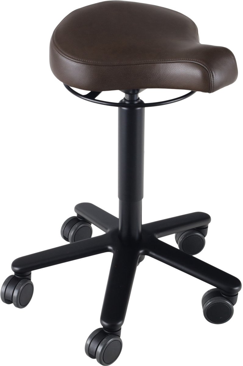 Biker zadelkruk leer Chocolate- zwarte gaslift en kruispoot - leder bekleding – kleur Chocolate