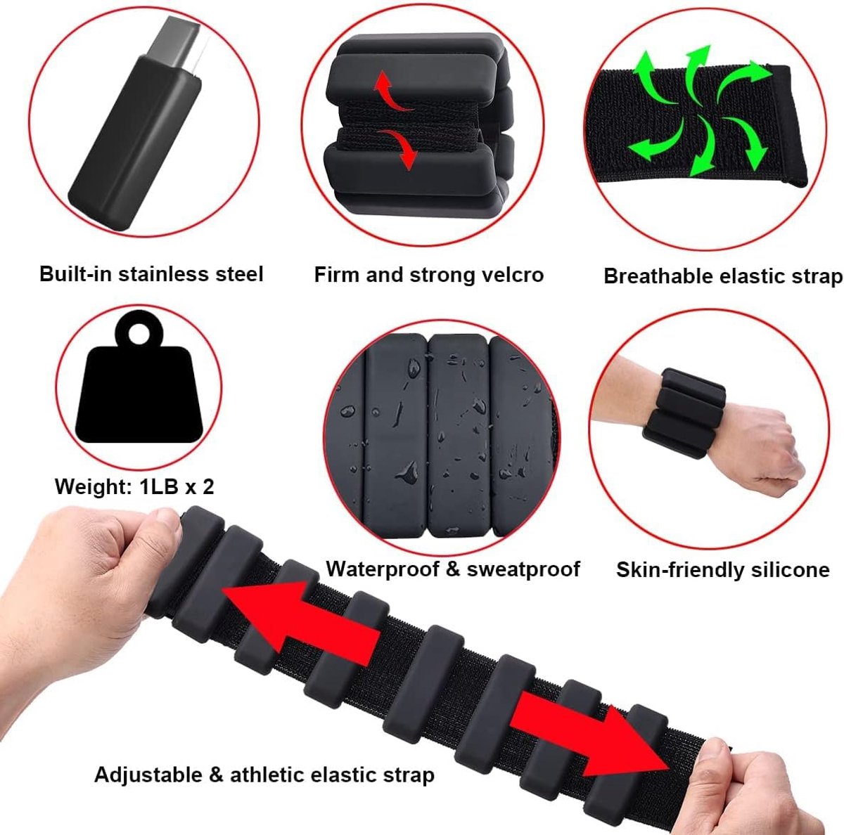 2 stuks verstelbare polsgewichten enkelgewichten voor oefeningen wandelen joggen yoga aerobics pilates gewichtsarmband fitnessarmband (14-23 cm)(zwart) – foto 2