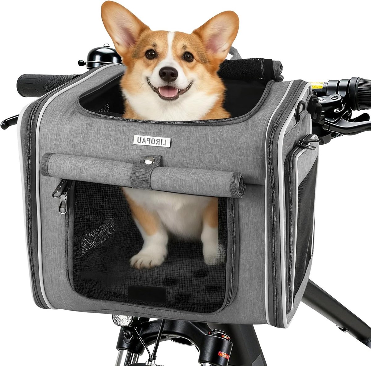 Fietstas voor Honden, Voorop de Fiets met 4 Openingen en 4 Gaasramen, Uitbreidbare Vouwbare Fietstas voor Kleine en Middelgrote Honden en Katten