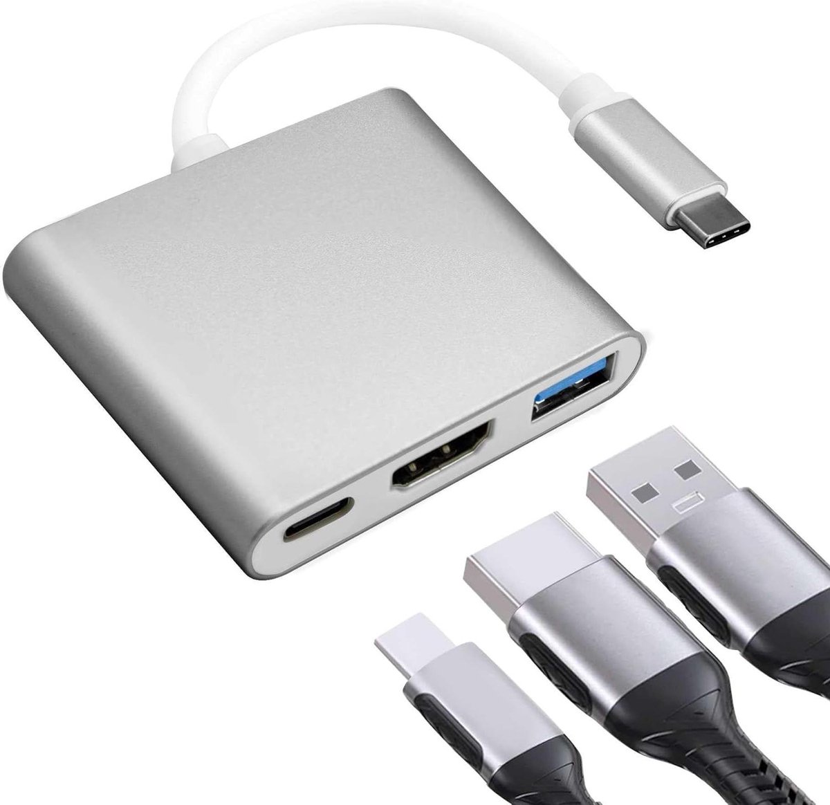 USB C Adapter - Converter Kabel - Beeld en Geluid Overzetten - Drie Poorten - 015 m - Zilver
