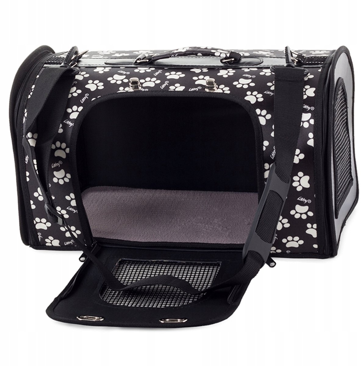 Bol.com Transporttas Kat - Hond – Konijn – Zwart met Potenpatroon - 44cm - Schoudertas Reistas aanbieding