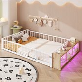 Lit cabine 140 x 200 cm - lit enfant - avec barrière de lit - avec rangement et éclairage LED - blanc - sans matelas