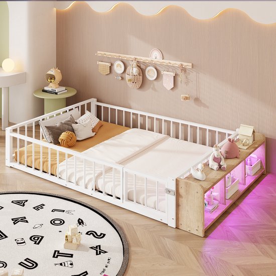 Kajuitbed 140 x 200 cm - kinderbed - met bedhekje - met opbergruimte en LED-verlichting - wit - zonder matras