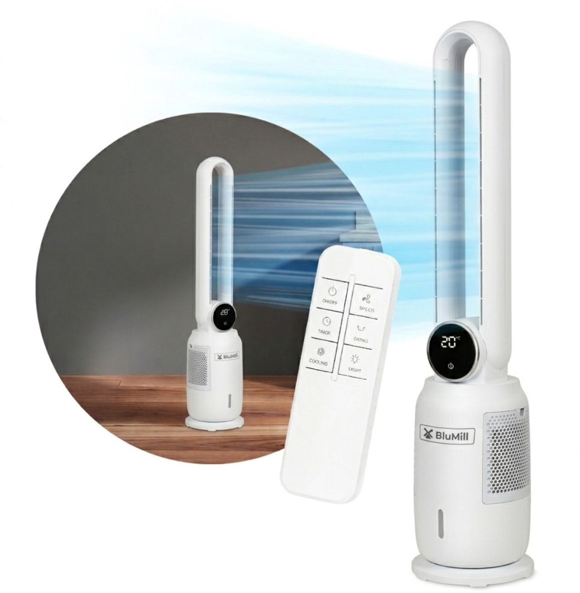 Blumill Bladeless Air Cooler - Bladloze Luchtkoeler - Bevochtiger - Luchtreiniger - Stille Toren - Wit