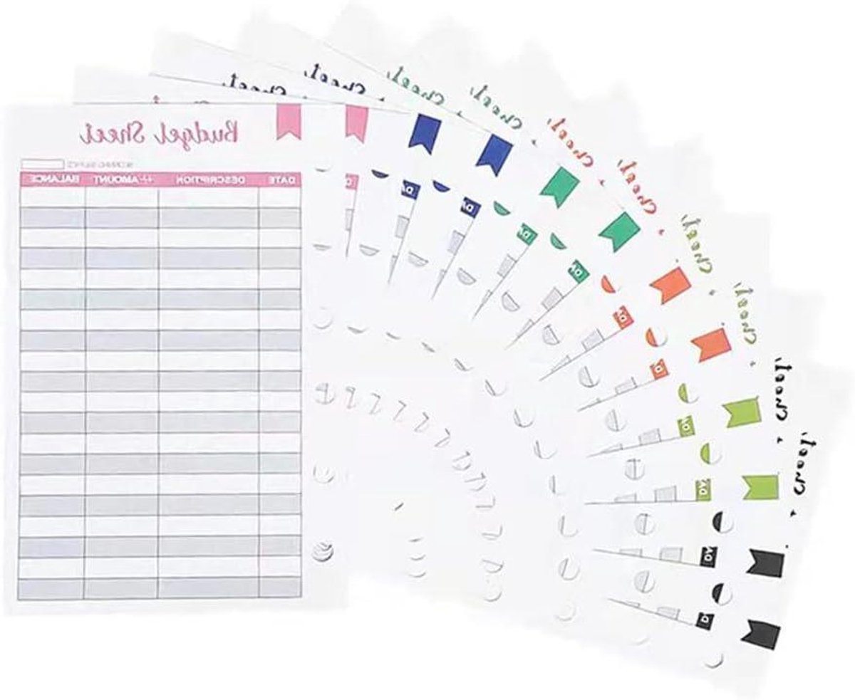 Budgetvellen A7 - Budgettracker inzetstukken - Geld beheren - Extra dik papier - 96 stuks - Meerkleurig