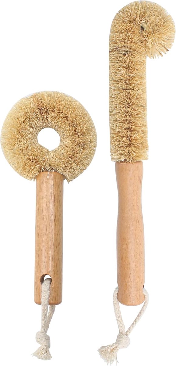 2 STKS Houten Reinigingsborstel, Borstel Scrub Hoofd voor Pan Fles Diepe Reiniging Wassen, Kokosvezel & Eiken Houten Natuurlijk, Stevig Milieuvriendelijk