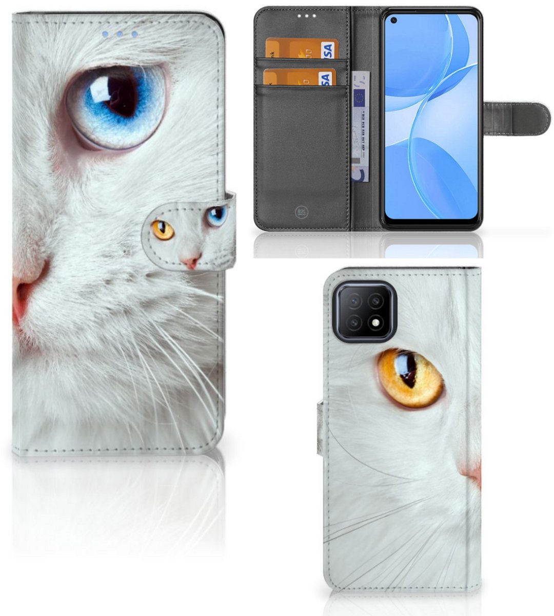 OPPO A73 5G Telefoonhoesje met Pasjes Witte Kat