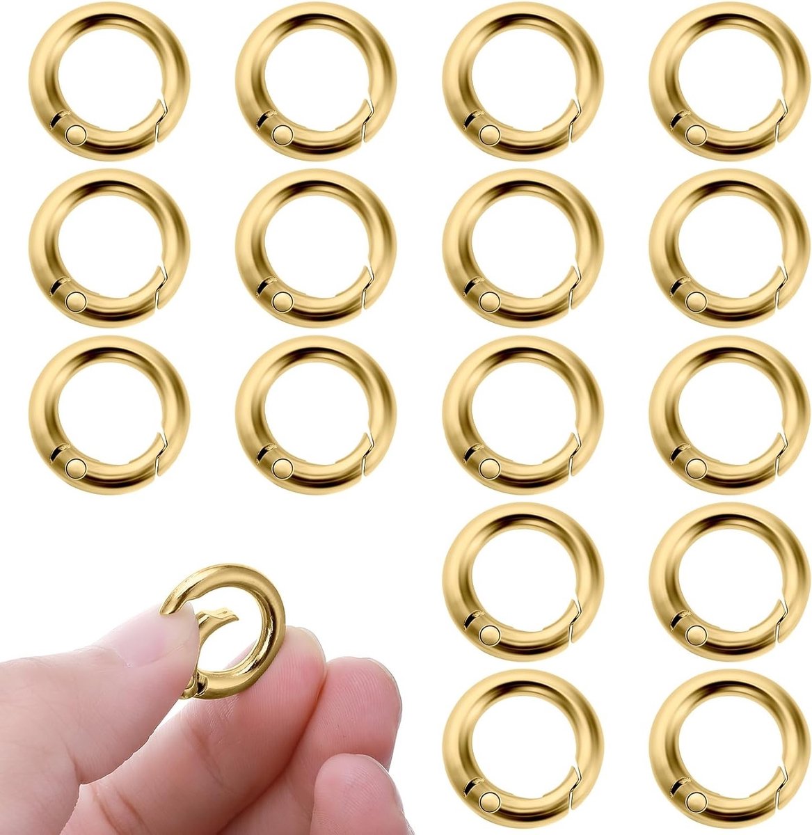 Set van 16 Ronde Carabiner Haken 20 mm - Gouden Metaal O-Ringen voor Sleutelhangers, Knutselprojecten en DIY Accessoires