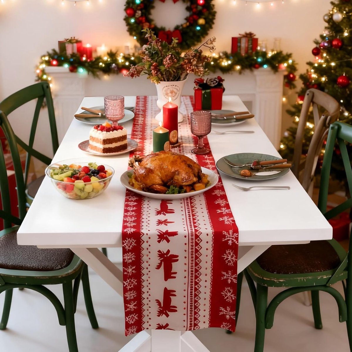 Elegante Jacquard Tafelkleed voor de Kerst, met Hert Motief - Perfect voor Eettafels, Salontafels en Kasten als Winterse Decoratie