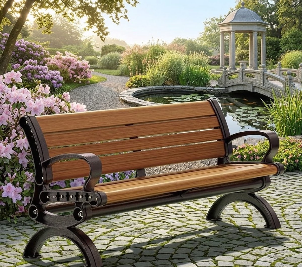 Luxe Weerbestendige Tuinbank 120 cm met Rugleuning en Comfortabele Houten Zitting – Duurzame Metalen Buitenbank met 213 kg Draagvermogen, Ideaal voor Tuin, Balkon en Terras