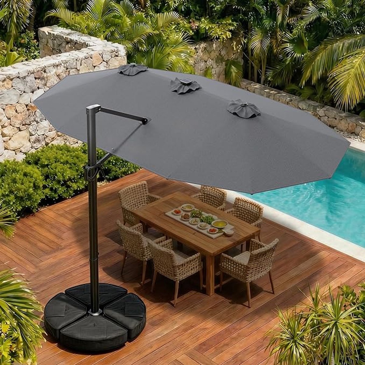 GrandLux XL Cantilever Zweefparasol 4,5m – Rechthoekig Dubbel Dak met Solar LED-Verlichting, 360° Draaibaar, Inclusief Kruisvoet & Zandzak (450 x 270 cm)
