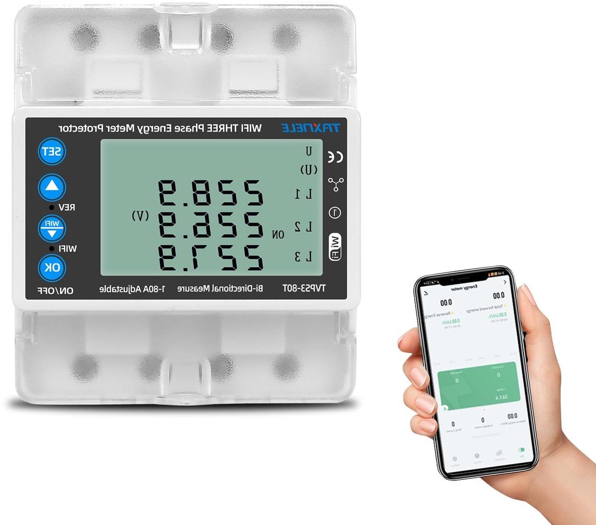 Smart Stroomonderbreker - Energiemeter Relais - Energie Verbruik Monitoren - App Gestuurde Bescherming - 80 Ampère - Wit