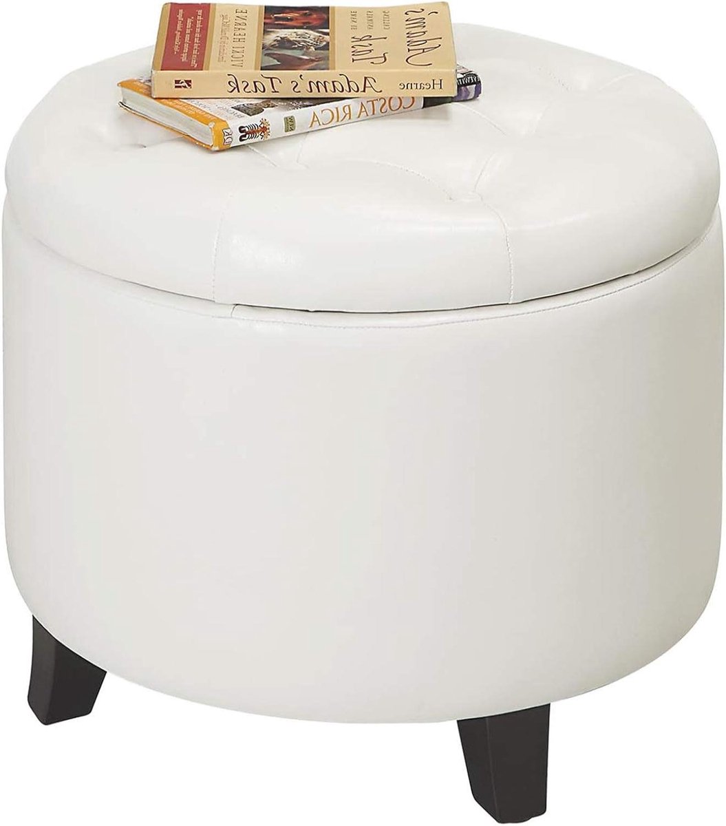Opberg Ottoman Rond - Poef Voetenbank - Extra Opbergruimte - Verwijderbaar Deksel - 50.2 cm - Ivoor Kunstleer