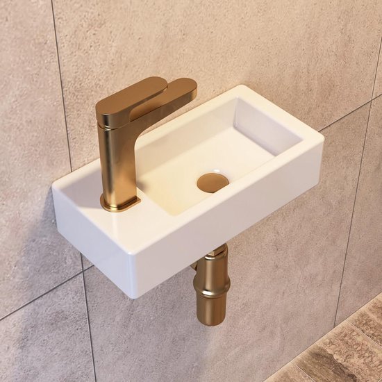 DeerValley DV-1V081RA Wastafel voor wandmontage, mini-rechthoekige wastafel, kleine badkamer garderobe, witte keramische wastafel zonder overloop (rechterhand)