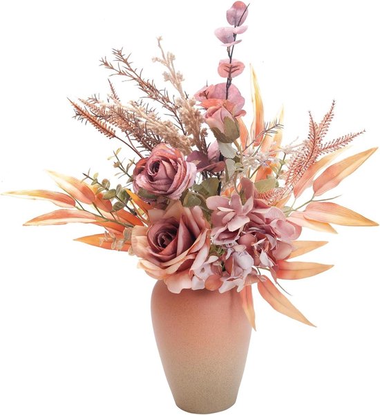 Kunstrozen met vaas, zijden nephortensia, herfstbloemen boeketten herfstbloemarrangement lente herfst decoratie geschikt voor thuis, kantoortafel centerpieces decoraties