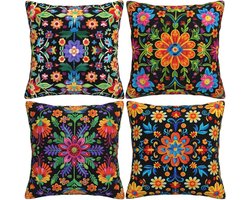 HOSTECCO Mexicaanse etnische kussenslopen 45x45 cm, set van 4 kussenslopen met bloemenprint, kleurrijke bloemen, decoratieve kussenslopen voor bank