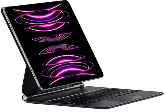 Zilverkleurige tablet met zwart toetsenbord en trackpad, open met paars en roze abstracte wallpaper.