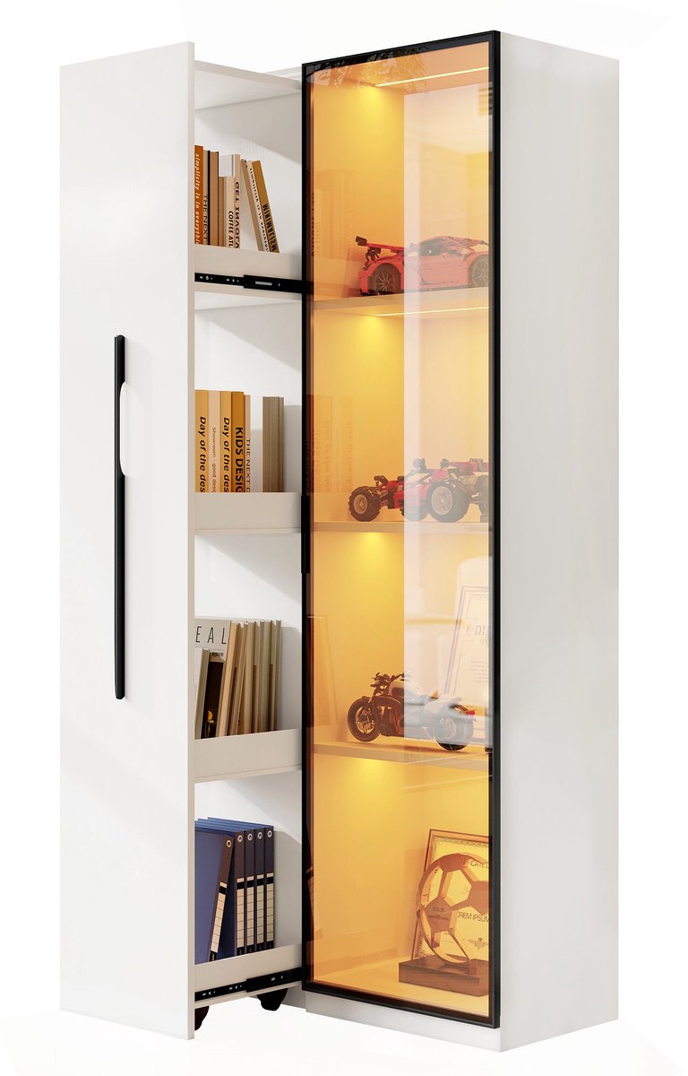 Merax Vitrinekast Met Ledverlichting 70 X 40 X 160 Cm - Wit - Opbergkast Met Glazen Deur - Uittrekbare Zijkast Met Wielen - Boekenkast En Vitrinekast In Één - Voor Woonkamer - Eetkamer - Keuken En Werkkamer