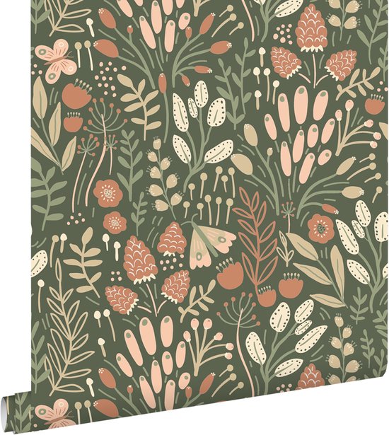 Papier peint ESTAhome feuilles et fleurs vert et terre cuite - 50 x 900 cm - 131383