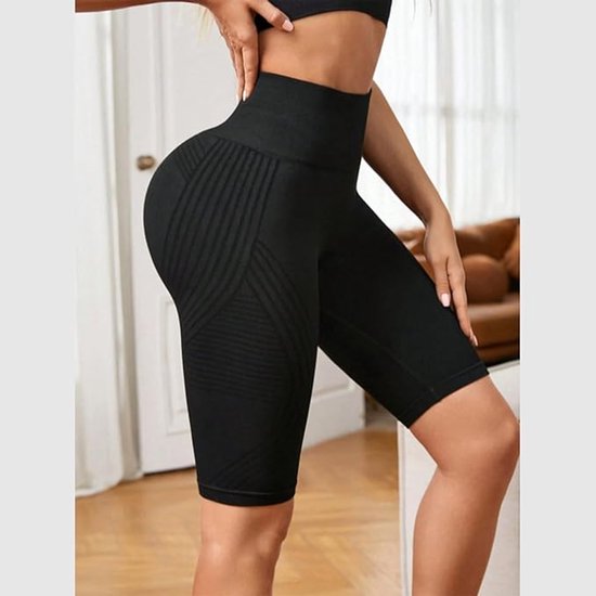 Yogabroek - Compressielegging - Damesbroek met hoge taille en heuplift - Korte legging - Fitness yogabroek met taille-accentuering, sportkleding, dames yogashorts, geschikt voor zomersporten, yoga, fietsen, wandelen, zwart, maat M — afbeelding 2