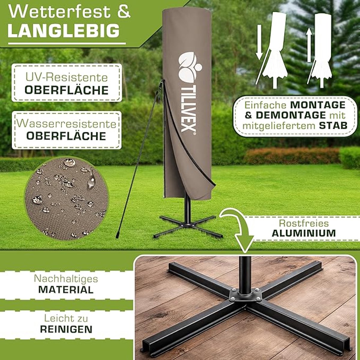 Zweefparasol Ø 300 cm met LED Verlichting & Zonnepaneel – Aluminium Tuinparasol met Standaard, UV50+ Bescherming, Kantelbaar met Zwenkarm & Windventilatie – Waterafstotend – Inclusief Beschermhoes – Nicolehome