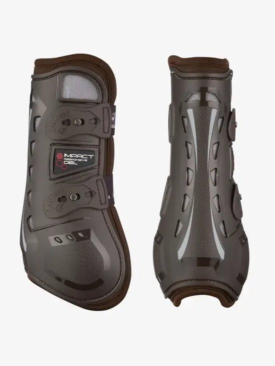 Twee rookkleurige peesbeschermers met LeMieux logo, gespen en "IMPACT RESPONSIVE GEL" print.